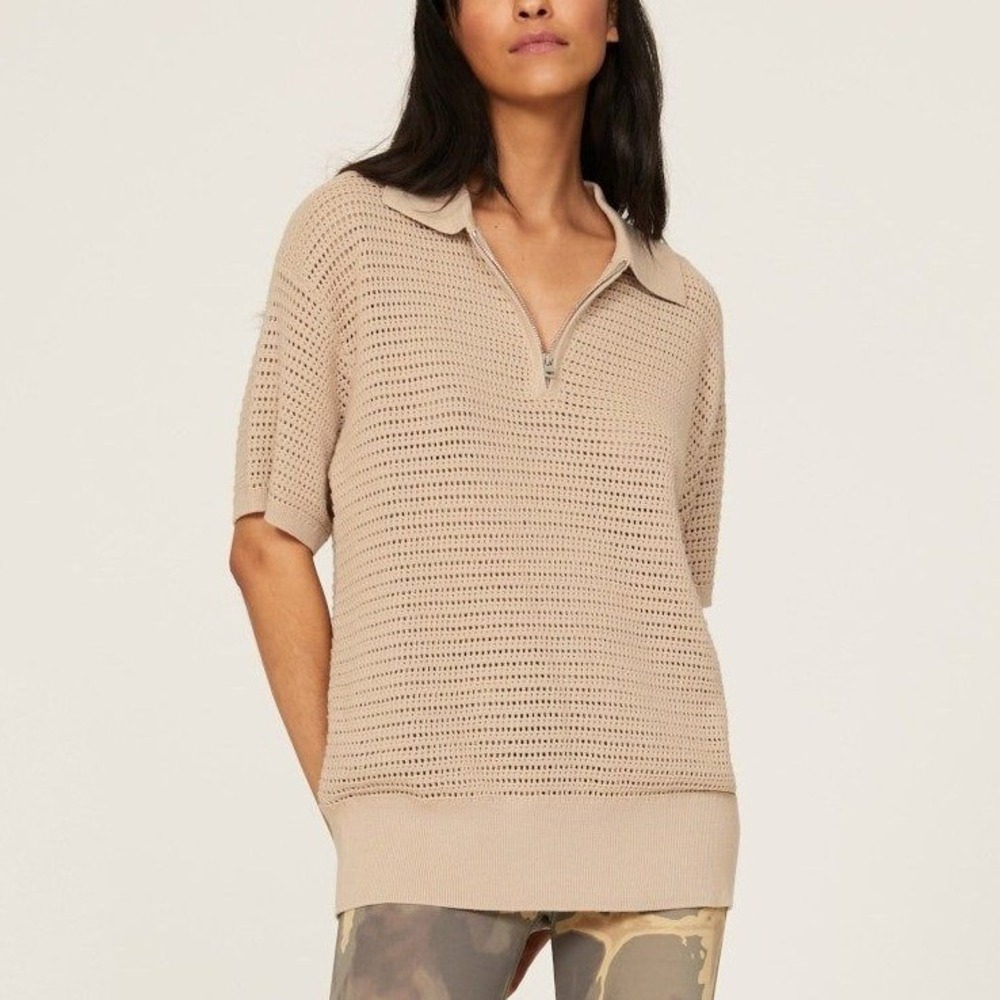 Varley Clayton Polo Sweater Medium Taupe Beige Crochet Knit Quarter Zip Top